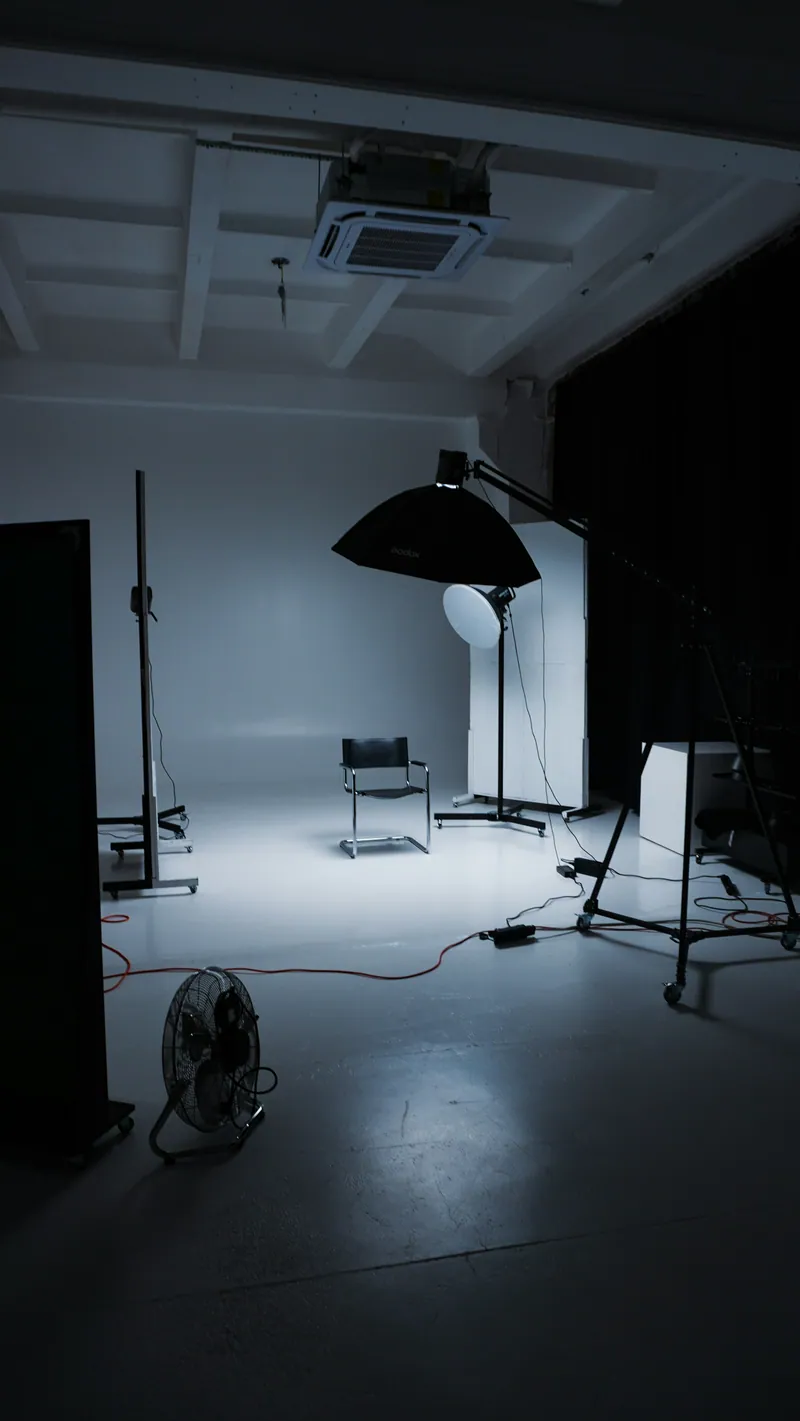 Studio vide avec matériel d'éclairage et chaise